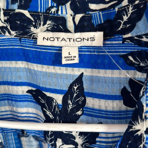 Notations blue white black button up striped floral top size large lightweight - Picture 2 of 5